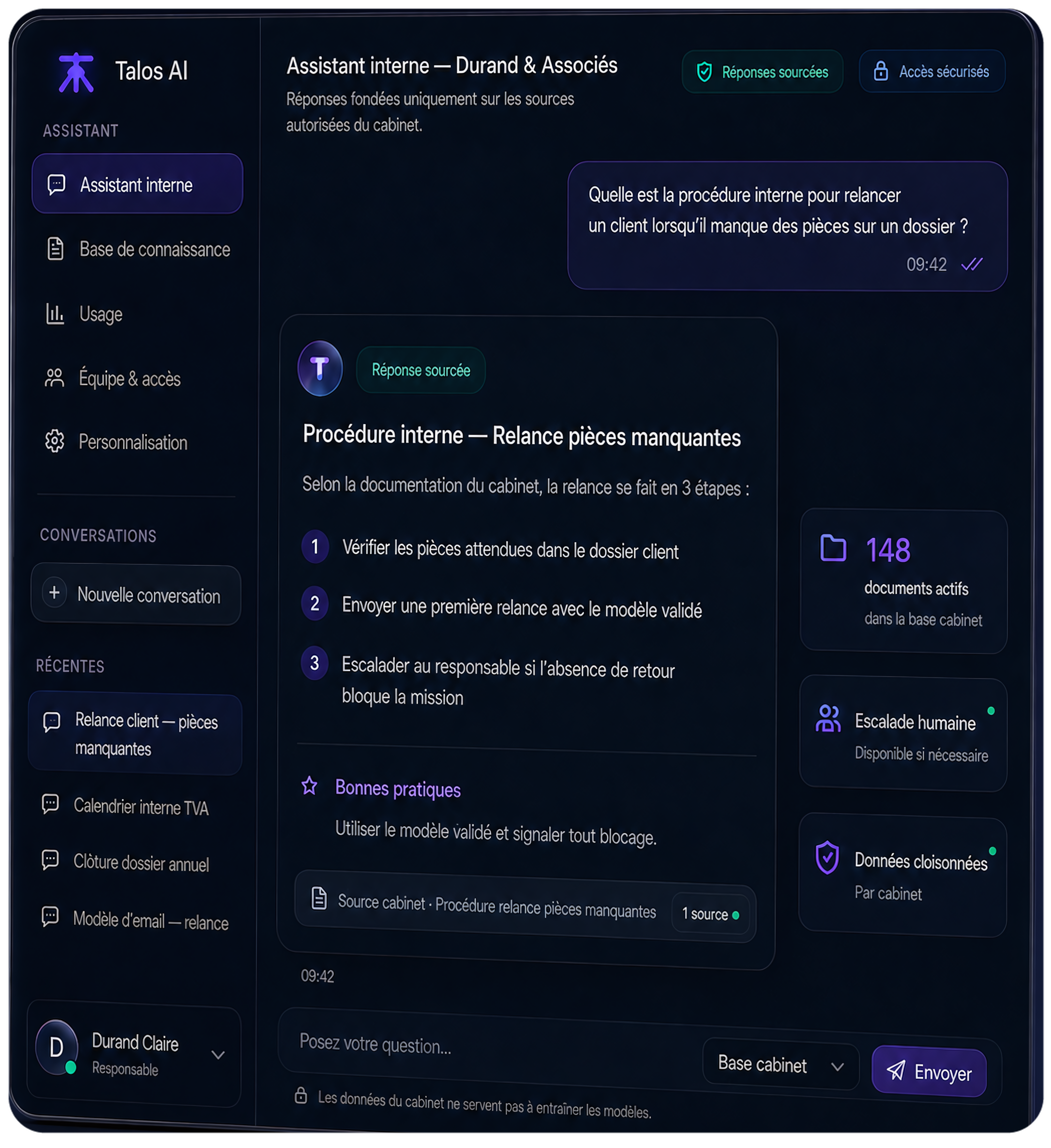 Mockup d'introduction Interface Talos AI répondant à une question collaborateur avec sources cabinet visibles